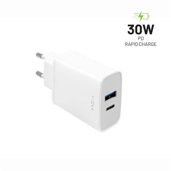 FIXED sieťová nabíjačka s USB-C a USB výstupom a podporou PD, 30W, biela