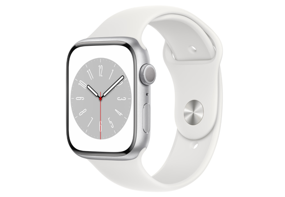 
                                                                                    Apple Watch Series 8 GPS 45mm Silver Aluminium Case with White Sport Band - Regular                                        