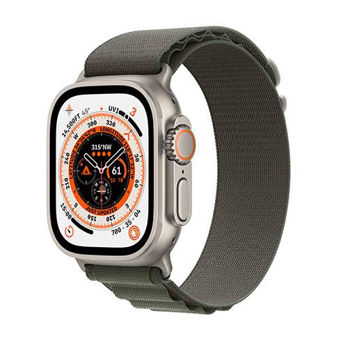 
                                                                                    Apple Watch Ultra GPS + Cellular, 49mm Titanium Case with Green Alpine Loop - Small                                        