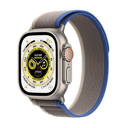 
                                                                                    Apple Watch Ultra GPS + Cellular, 49mm Titanium Case with Blue/Gray Trail Loop - S/M                                        