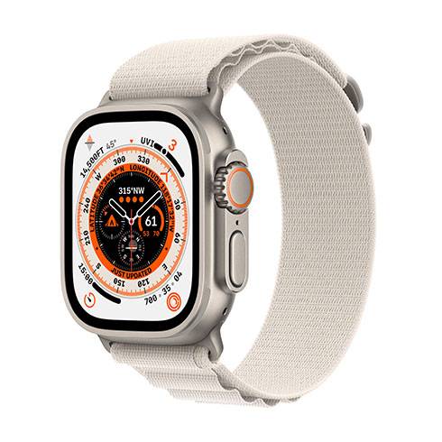 
                                                                                    Apple Watch Ultra GPS + Cellular, 49mm Titanium Case with Starlight Alpine Loop - Small                                        