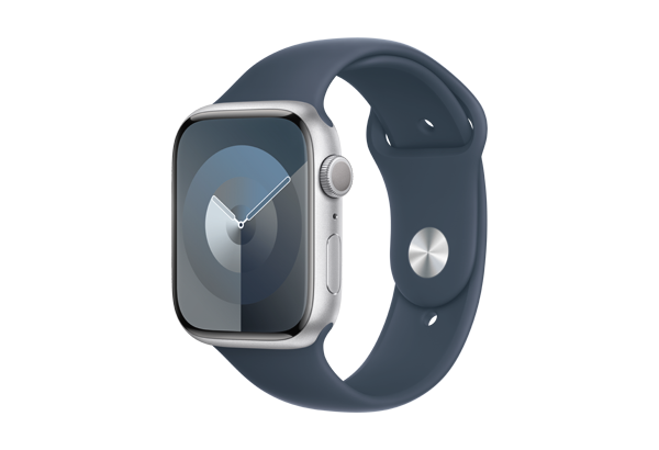
                                                                                    Apple Watch Series 9 GPS 45mm Silver Aluminium Case with Storm Blue Sport Band - S/M                                        