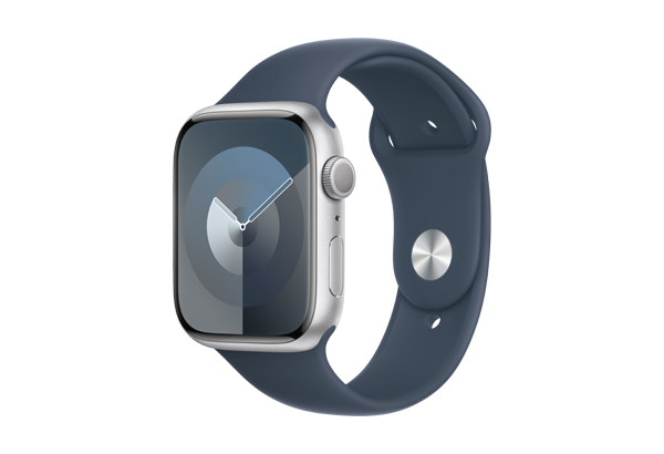 Apple Watch Series 9 GPS 45mm Silver Aluminium Case with Storm Blue Sport Band - M/L